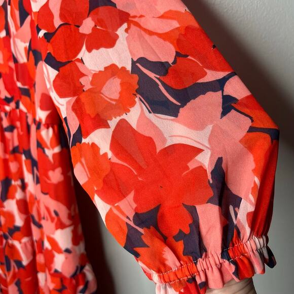 Sincerely Jules Red Floral Maxi Dress Sz M 3/4 Sleeve Smocked Back V-Neck Lined - Picture 5 of 12